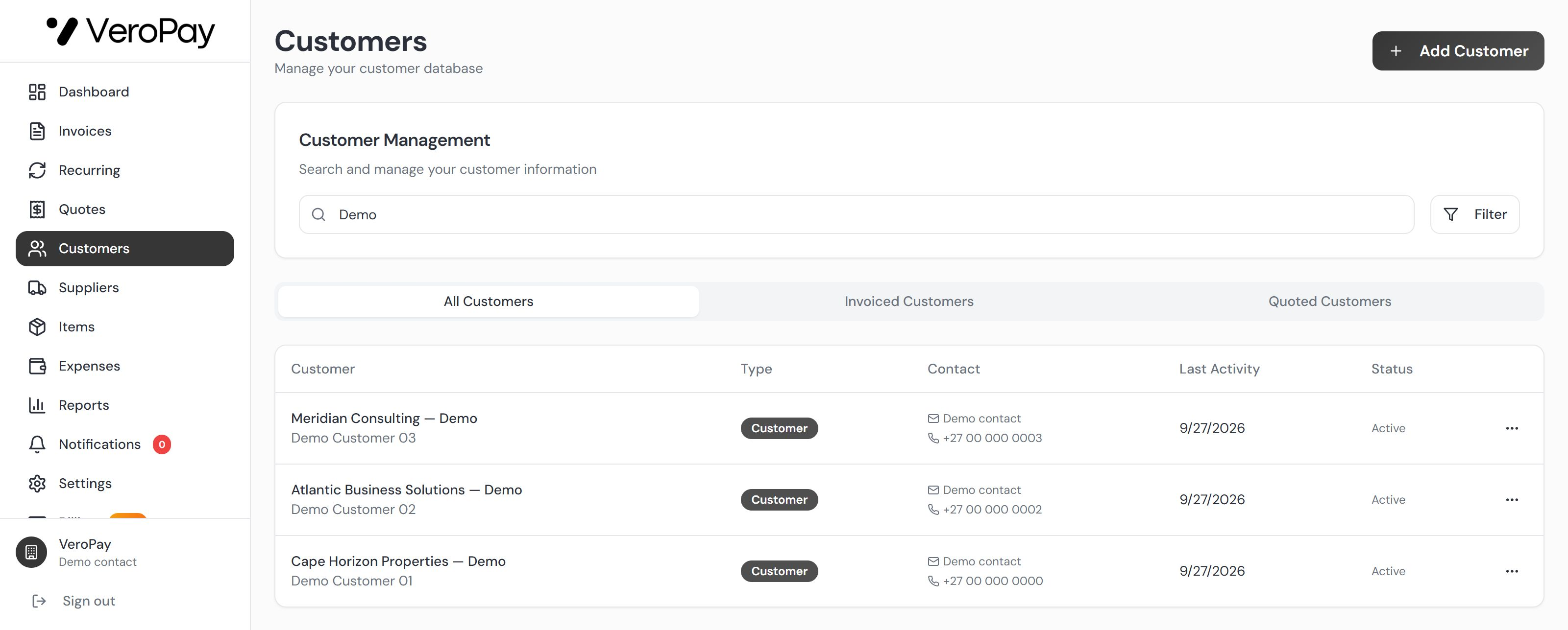Live VeroPay customer management filtered to three fictional portfolio-demo companies