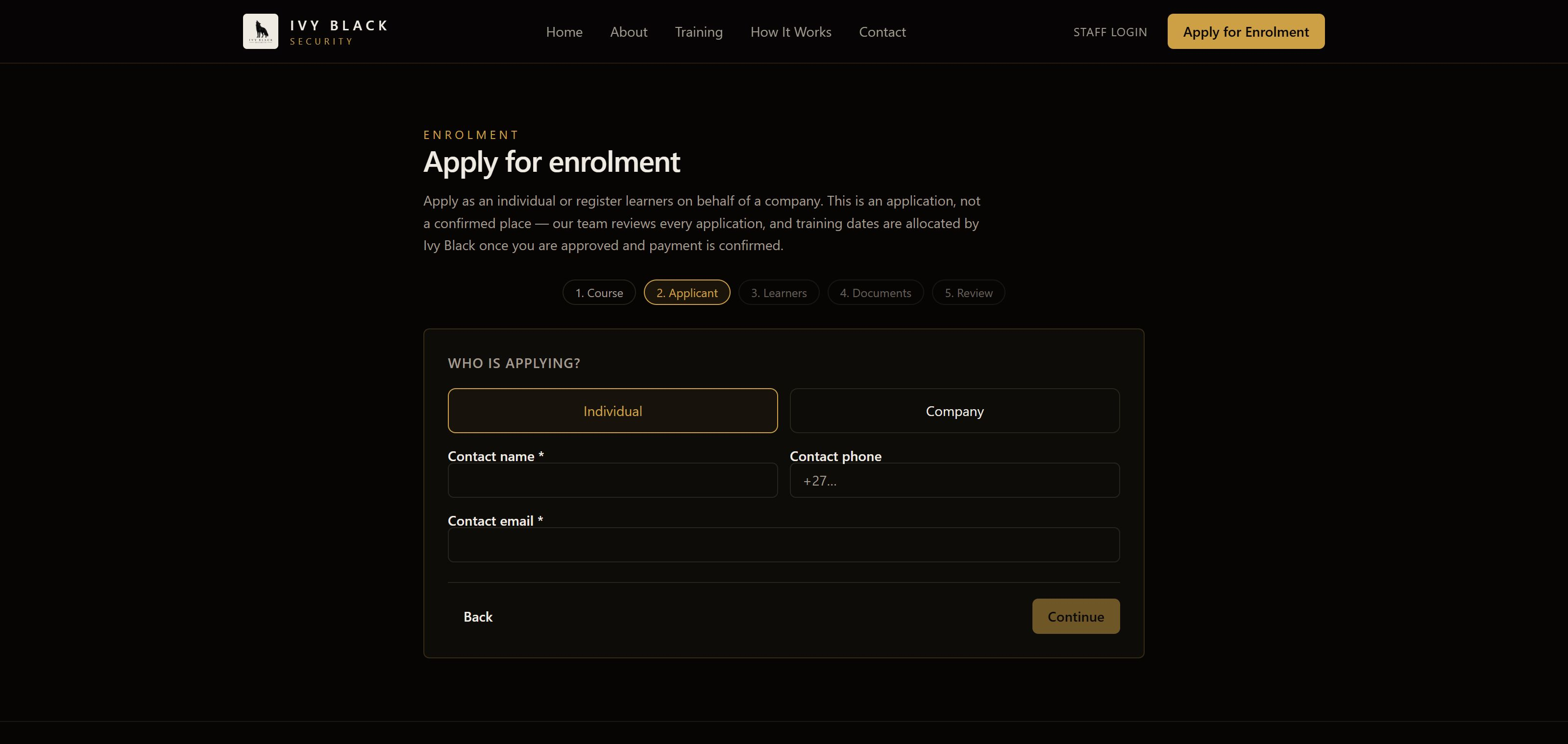 Live Ivy Black enrolment with five steps and blank applicant fields