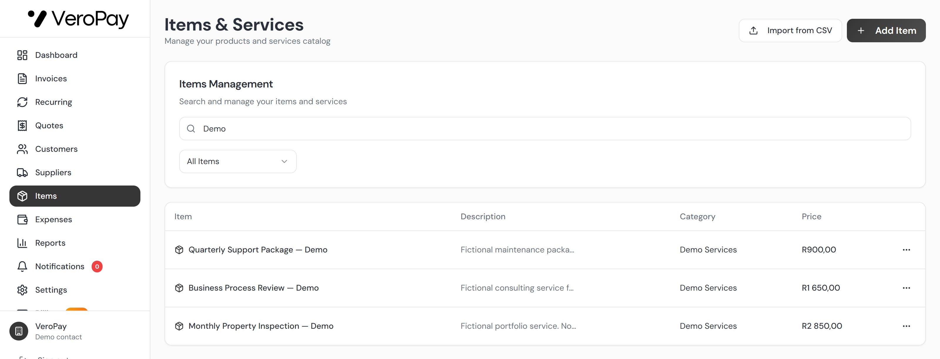 Live VeroPay items and services filtered to fictional demonstration services