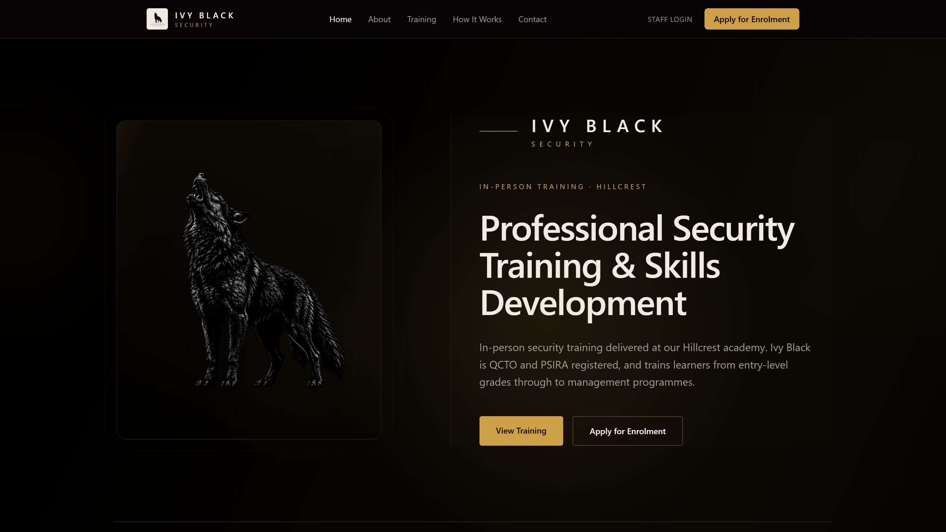 Live Ivy Black public website introducing security training and enrolment