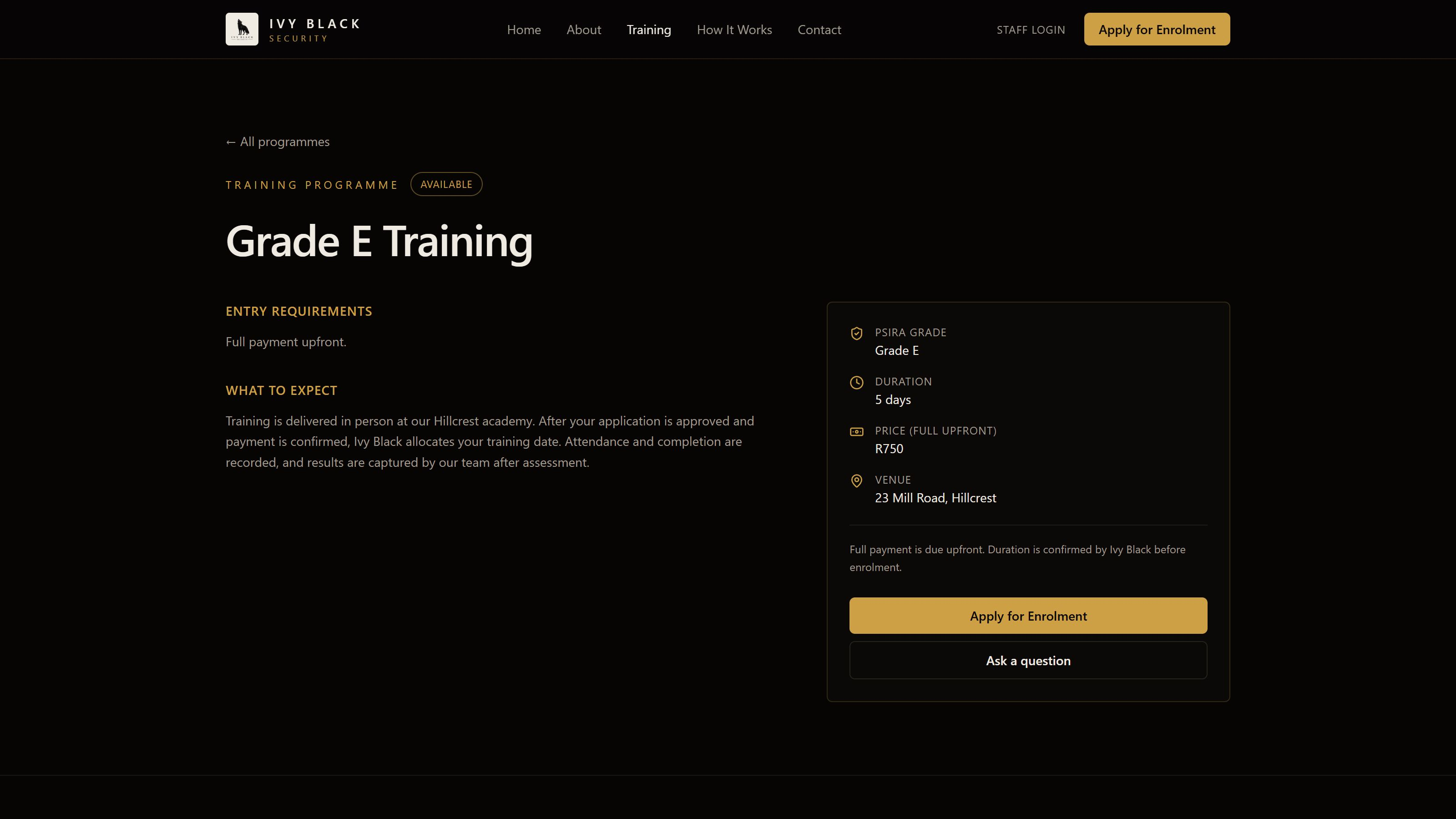 Live Ivy Black Grade E training programme with public course information